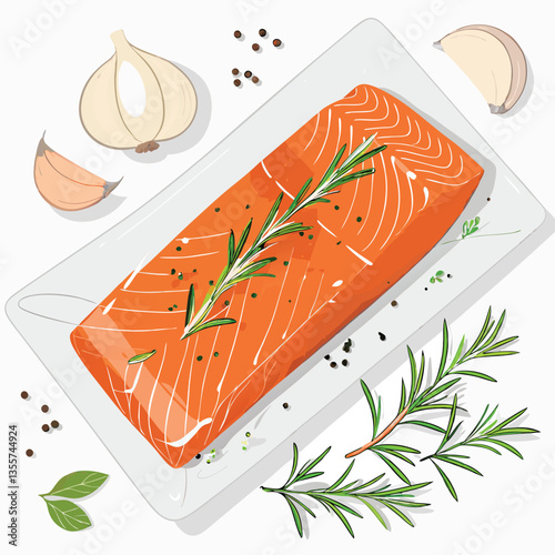 Create a vector illustration of a pre-seasoned salmon fillet, emphasizing bold, stylized strokes and vibrant color.  The design should be suitable for culinary branding.