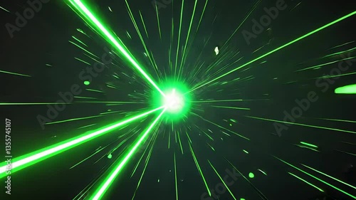 Abstract green light beams and glowing particles moving through digital space