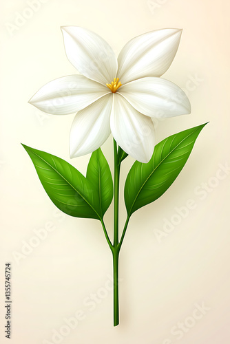 White Flower with Green Leaves, and Beige Background.