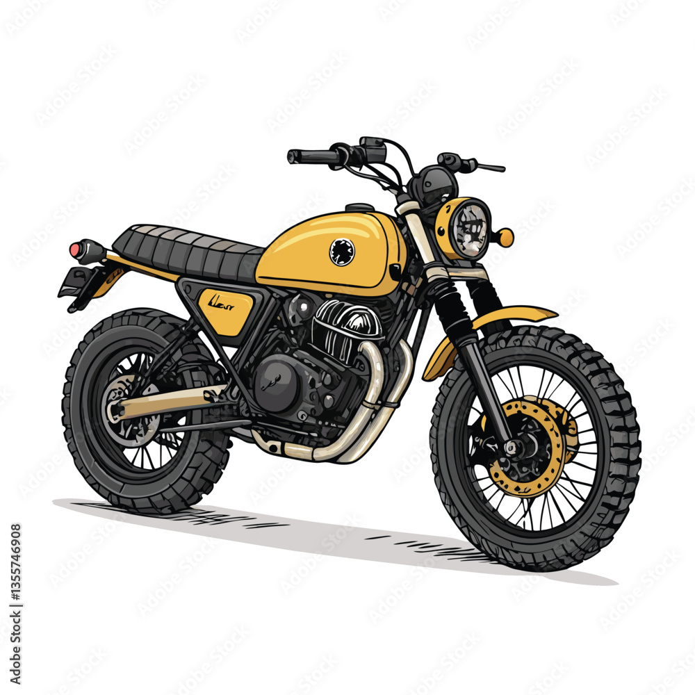 Design a vector illustration of a rugged scrambler motorcycle, emphasizing bold, dynamic lines and strong color contrasts. Create a visually striking image. Design a vector illustration of a rugged scrambler motorcycle, emphasizing bold, dynamic lines and strong color contrasts. Create a visually striking image.