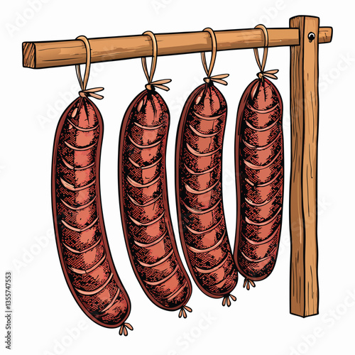 Create a bold, vector illustration set of smoked beef sausages, emphasizing texture and smoky hues.  Include various angles and cuts.