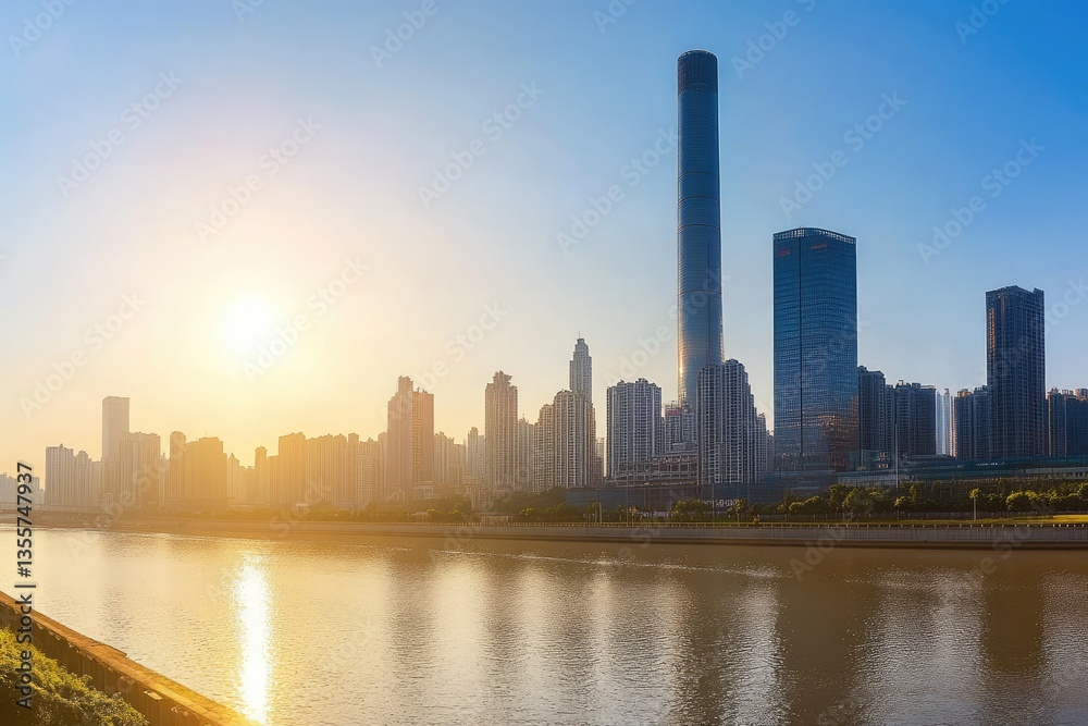 Fototapeta premium Modern City Skyline Reflecting on River at Sunset
