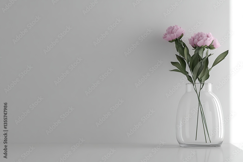 Fototapeta premium Pink peonies in a glass vase on a white table with a background of a white wall