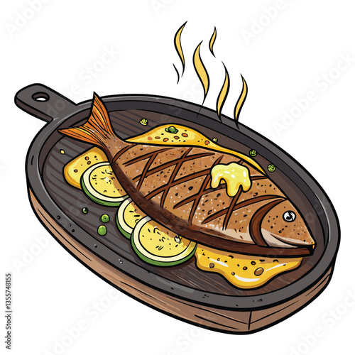 Create a bold vector illustration of two sizzling hot plates of food, emphasizing vibrant colors and dynamic brush strokes.