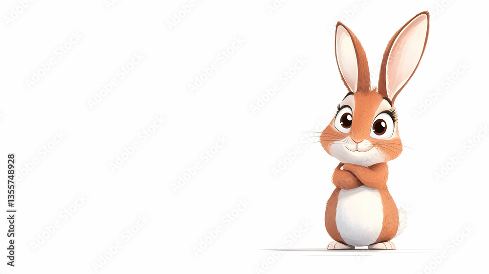 Obraz premium Cute Brown Cartoon Rabbit with Folded Arms on White Background