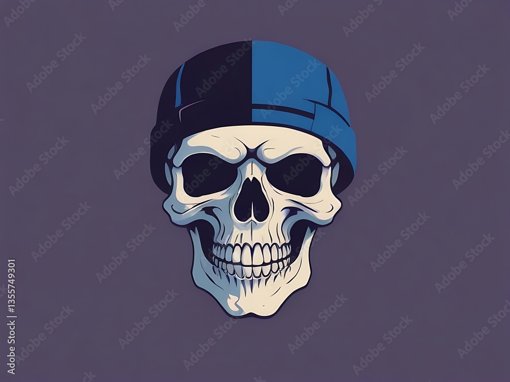 Fototapeta premium Skull in beanie, A stylized illustration of a skull with a beanie, rendered in a bold, graphic style.