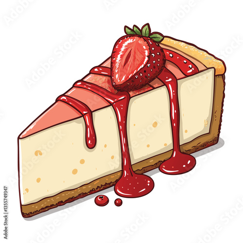 Create a bold, vector illustration of a vibrant slice of New York cheesecake, emphasizing texture and rich color gradients.