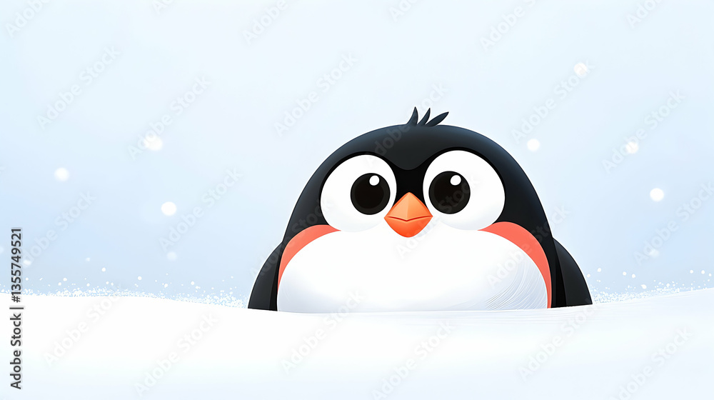Naklejka premium Cute Cartoon Penguin in Snowy Landscape