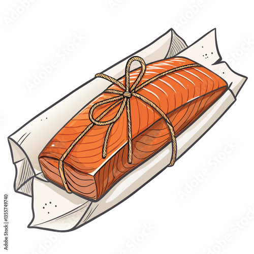 Create a bold, graphic vector illustration of a smoked salmon fillet, emphasizing texture and color with thick, expressive strokes.