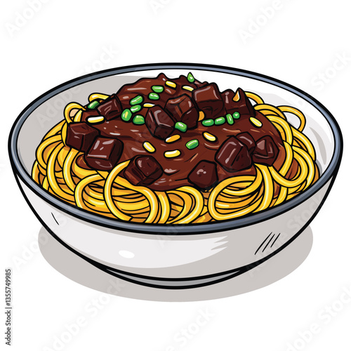Create a bold, vector illustration of a vibrant Korean spicy food plate.  Emphasize texture and color.