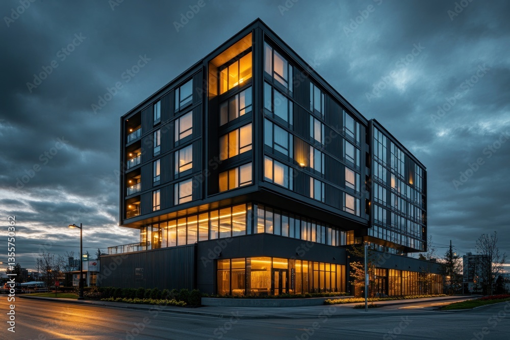 Obraz premium Modern apartment building at twilight, urban setting, illuminated windows