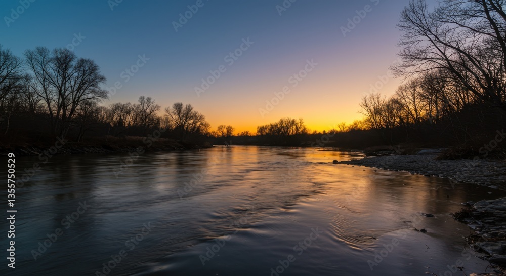 Serene River Sunset Landscape with Silhouetted Trees Serene River Sunset Landscape with Silhouetted Trees