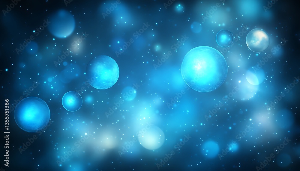 Obraz premium Glowing blue spheres float amongst countless glittering tiny particles