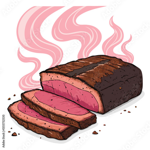 Design a bold vector illustration of a Texas-style smoked beef brisket, emphasizing smoky texture and rich color.  Include dripping fat renderings.