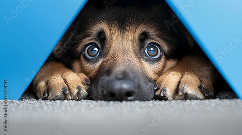 German Shepherd Puppy Hiding Under Blue Triangle