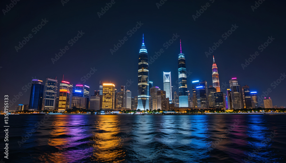 Fototapeta premium Dazzling City Skyline at Night: Illuminated Waterfront - Modern Urban Landscape: Nighttime Cityscape Reflections