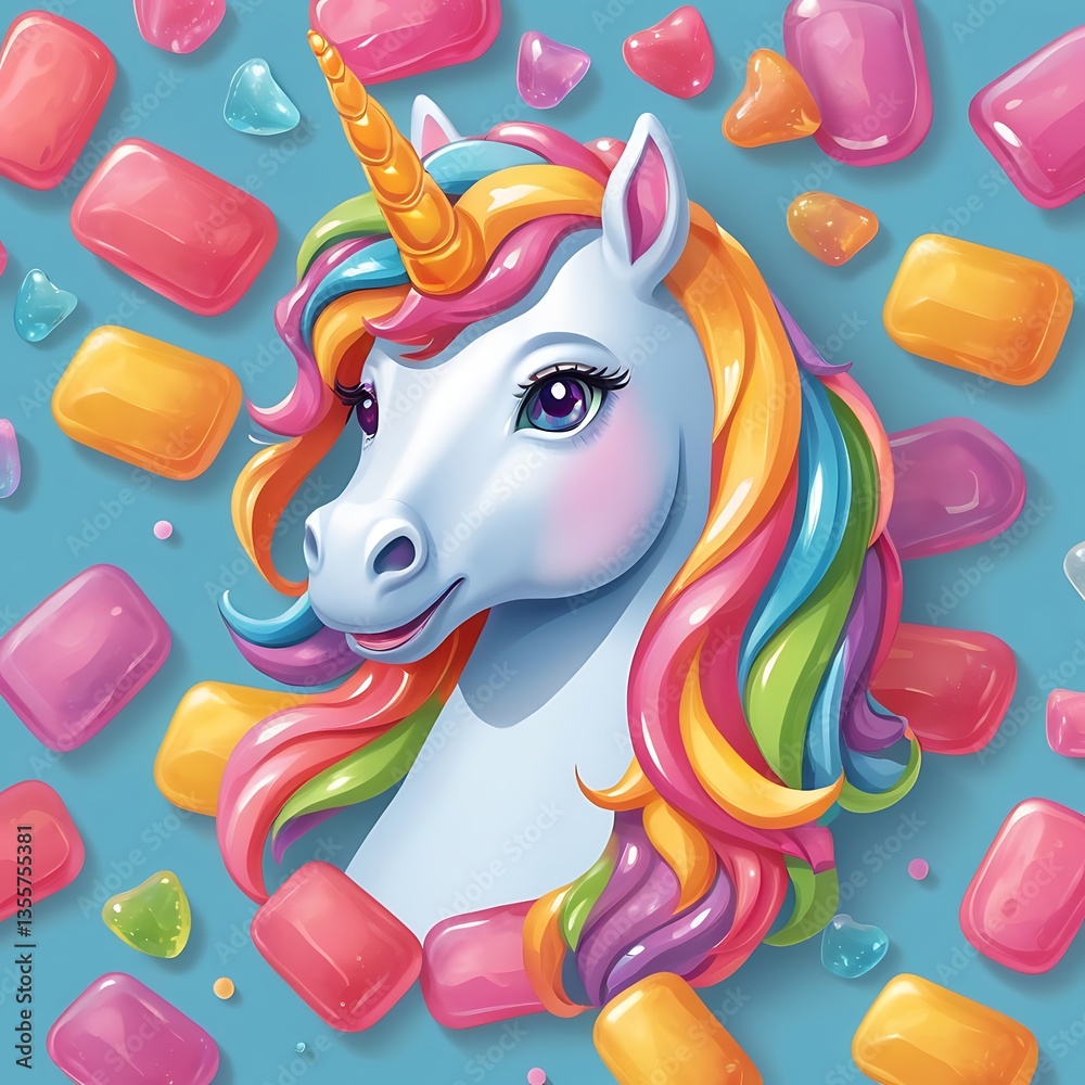Fototapeta premium Enchanted Unicorn ,Candy A whimsical illustration of a majestic unicorn surrounded by colorful candy. A playful mix of magic and sweetness for an engaging visual.