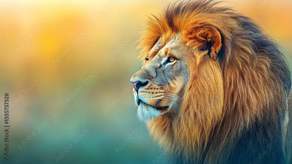 Fototapeta premium Majestic lion with golden mane in profile view