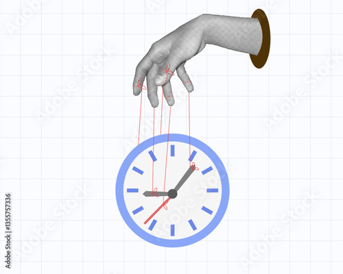 halftone collage, Concept of time control with a puppet-like clock manipulated by a hand. time management, business and efficiency