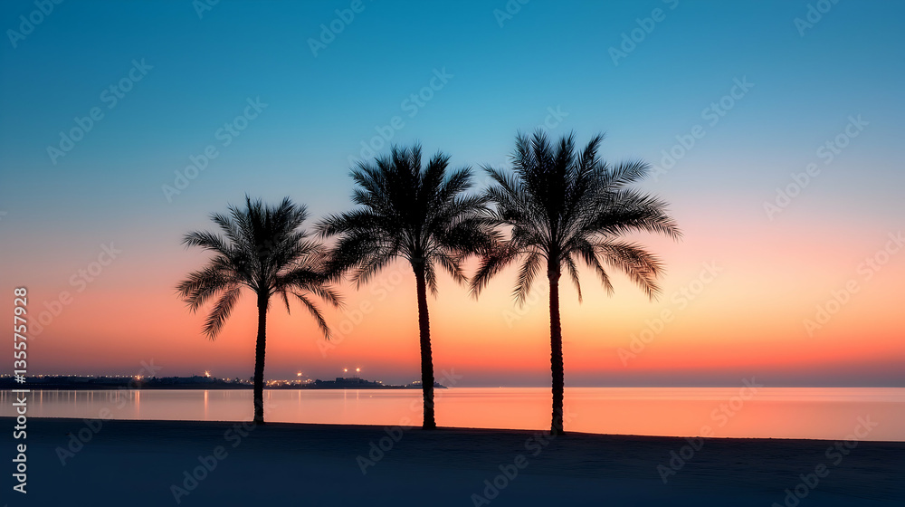 Obraz premium Silhouette of Three Palm Trees at Sunset on a Calm Ocean Beach