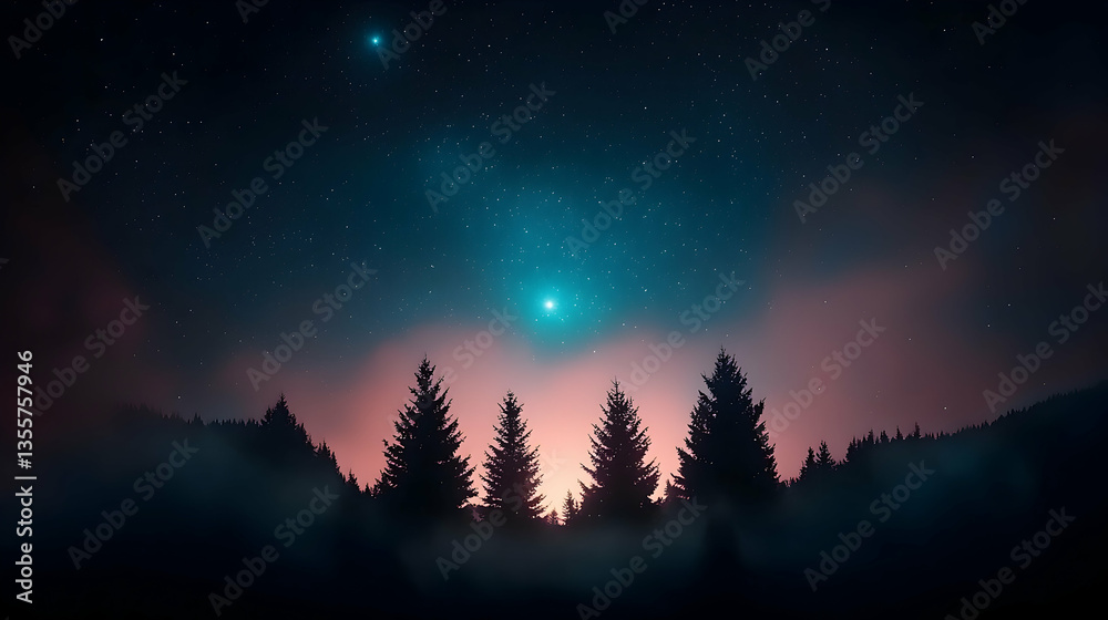Naklejka premium Silhouette of Three Trees in a Foggy Forest Under a Starry Night Sky