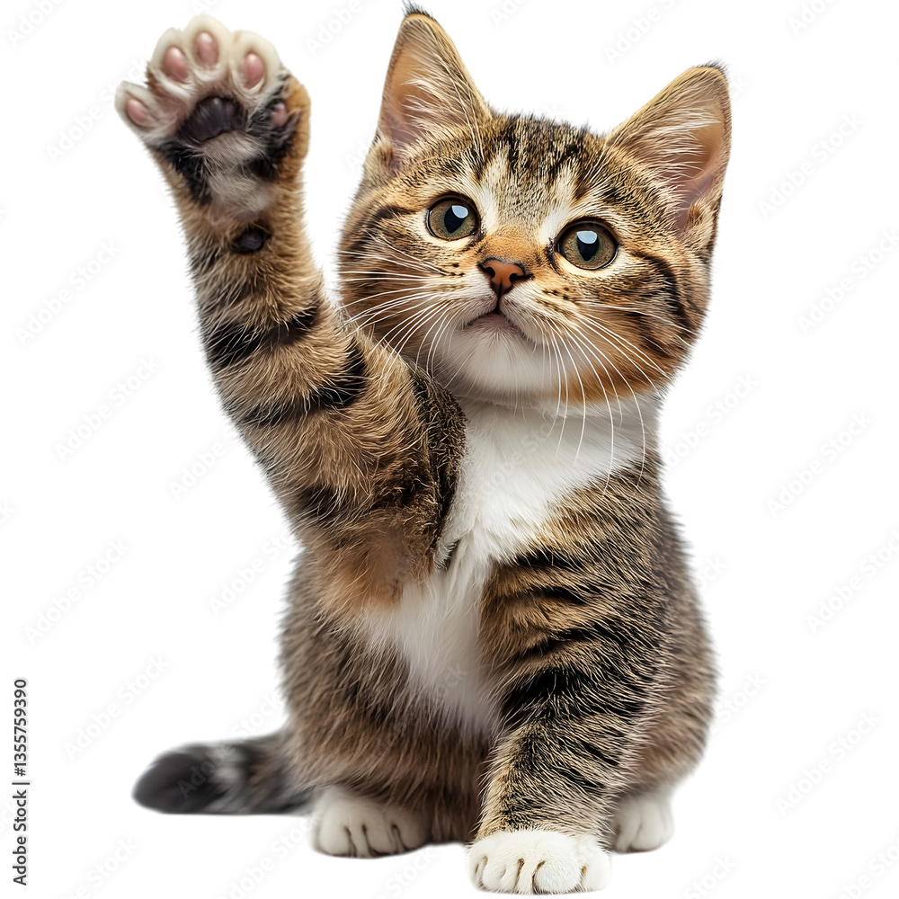 Obraz premium Playful domestic short-haired cat sitting and raising its paw, with a striped tail and white fur accents, isolated on white background