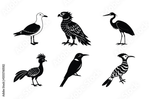 many kinds exotic birds silhouette vector illustration