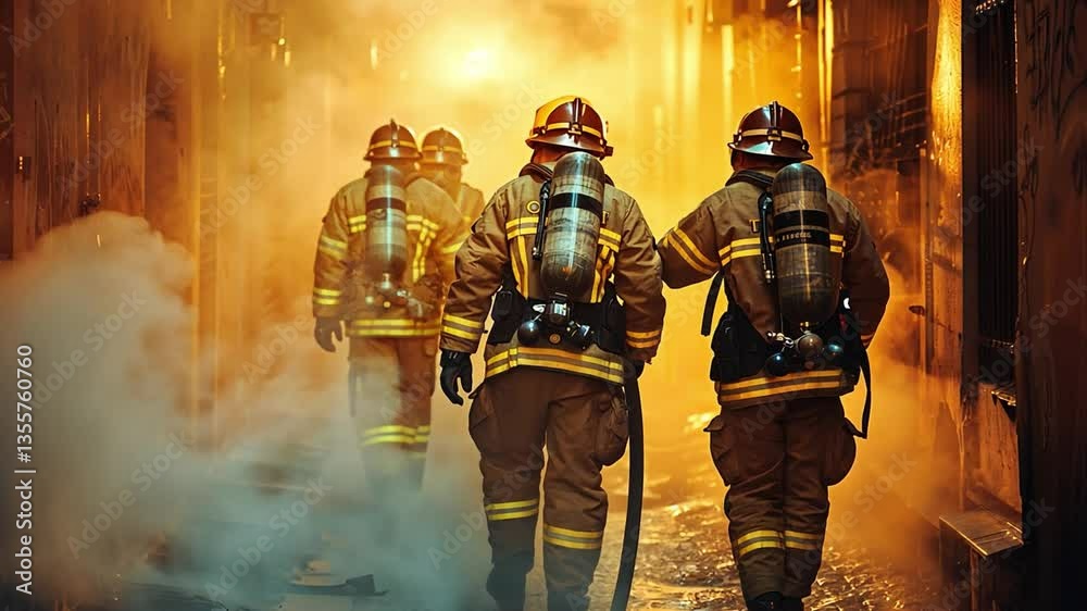 Courage Under Fire: Firefighters advance confidently into a smoke-filled environment, their silhouettes creating a dynamic tableau of bravery, embodying courage, and dedication to duty.