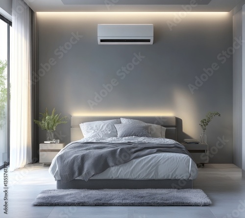 Modern bedroom with AC, cozy ambiance, and view