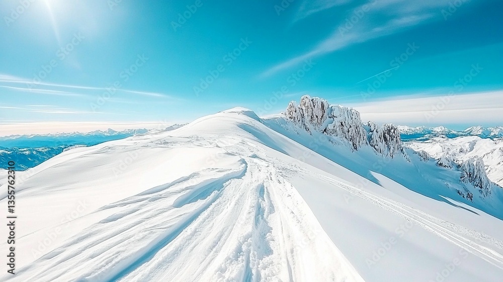 Panoramic view of snow-covered mountain peaks under a bright blue sky. Panoramic view of snow-covered mountain peaks under a bright blue sky.