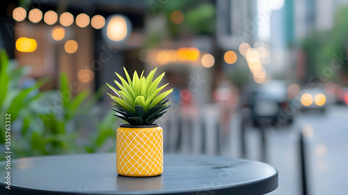 Fototapeta Naklejka Na Ścianę i Meble -  Small Artificial Pineapple Plant in Yellow Pot on Outdoor Table