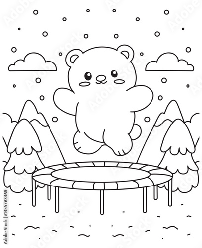 Coloring book bear cub jumps high on a trampoline in a snowy mountain scene. Fun line art for coloring, featuring clouds
