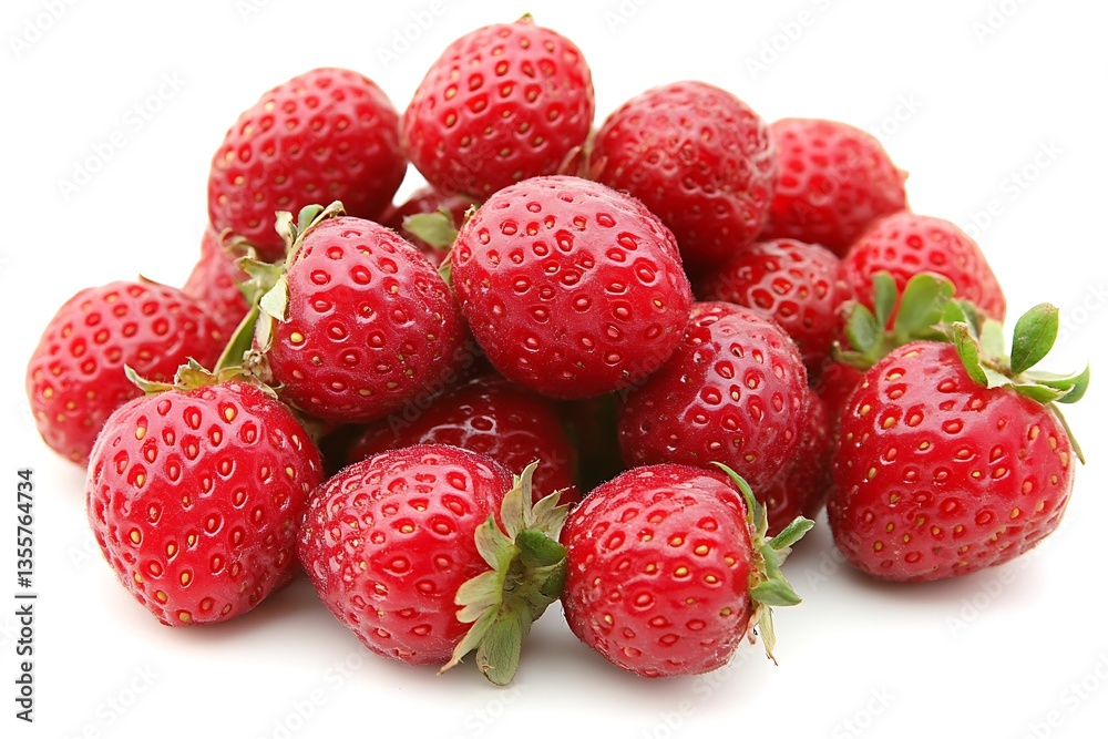 A pile of ripe red strawberries on a white background is displayed A pile of ripe red strawberries on a white background is displayed