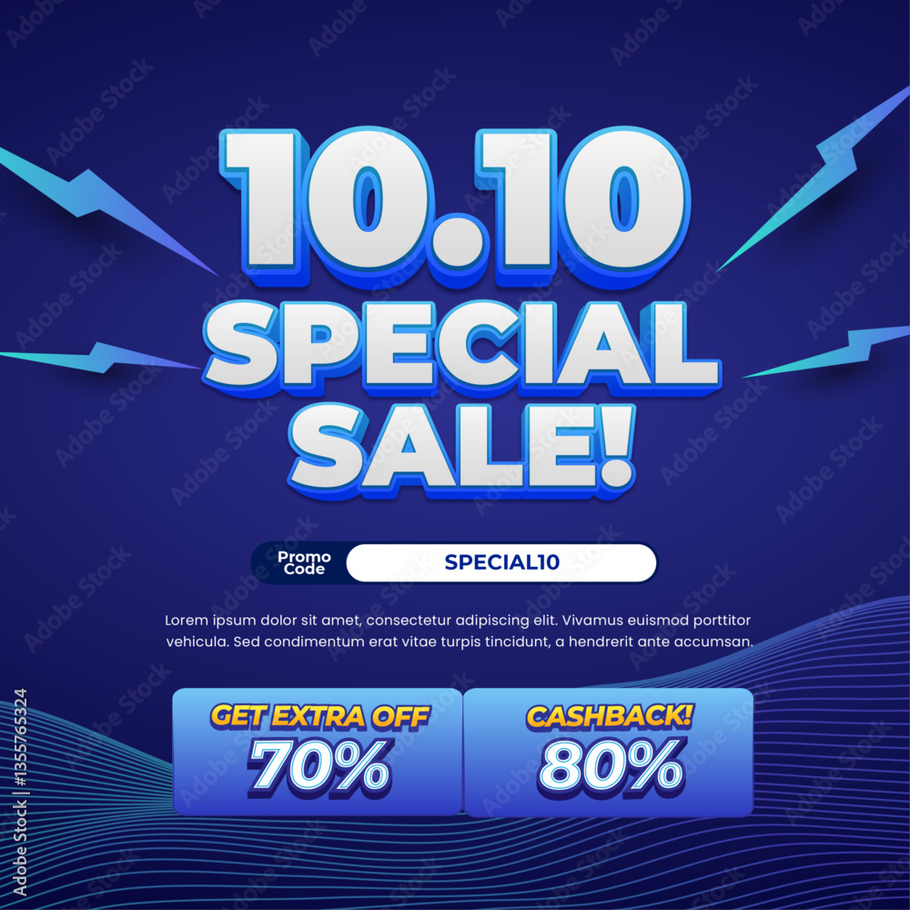 Obraz premium 10.10 Special Shopping Sale discount deals dynamic dark blue gradient Editable text effect Wavy line minimalist style Cashback promo code Promotional banner flyer Template