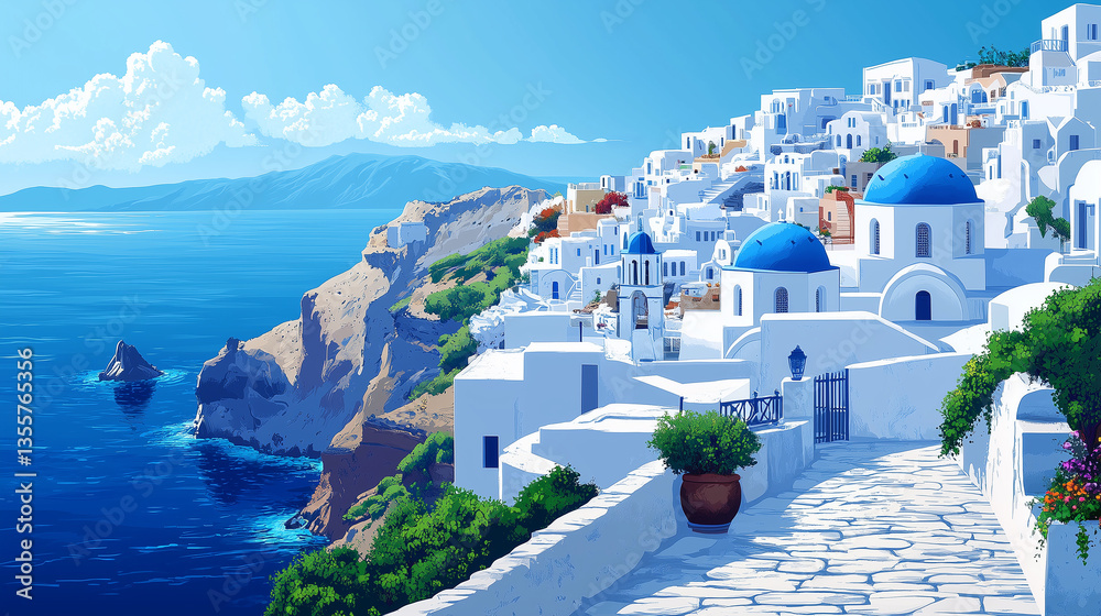 Obraz premium Scenic view of Santorini's iconic whitewashed buildings and blue domes overlooking the Aegean Sea on a bright summer day