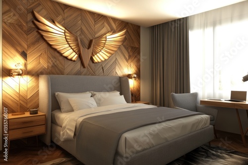 Modern bedroom with wing accent wall, cozy interior, sunlight streaming in