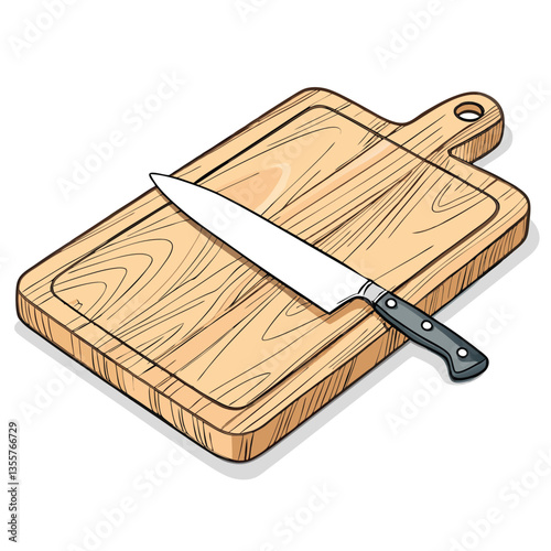 Create a vector illustration of a rustic wooden cutting board with bold, textured strokes. Emphasize the wood grain and knots.