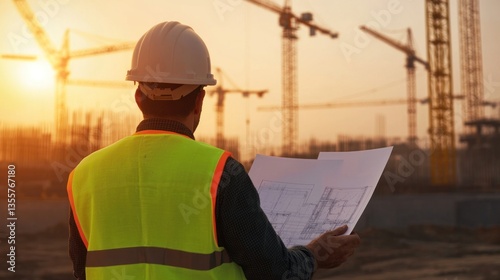 Construction site worker in safety vest reviewing plans at sunset nongkhanestock wide angle view