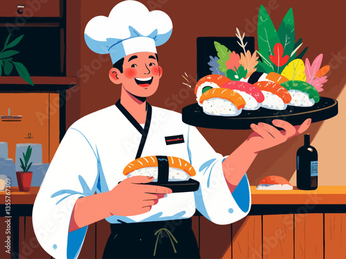 Sushi Chef with Platter of Sushi Illustration