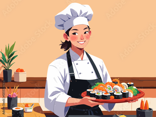 Sushi Chef with Platter of Sushi Illustration