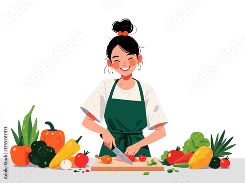 Person chopping fresh vegetables in the kitchen white background