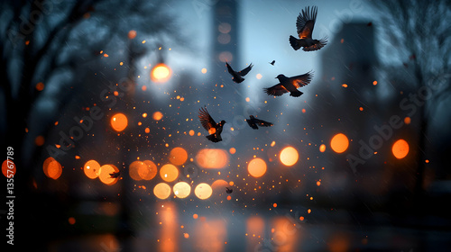 Silhouetted Birds Flying Over a Blurred City at Night