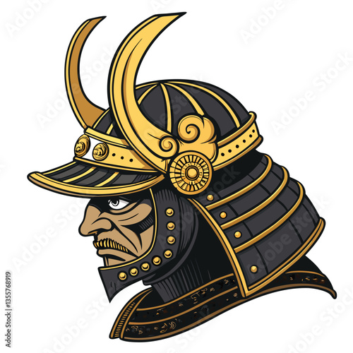 Create a bold, cartoonish vector illustration of a Samurai warrior, emphasizing dynamic lines and strong color contrasts.  Include detailed armor and a katana.