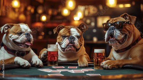 English bulldogs dressed for a poker game, enjoying beer and cards, creating a playful and amusing atmosphere among the dogs
