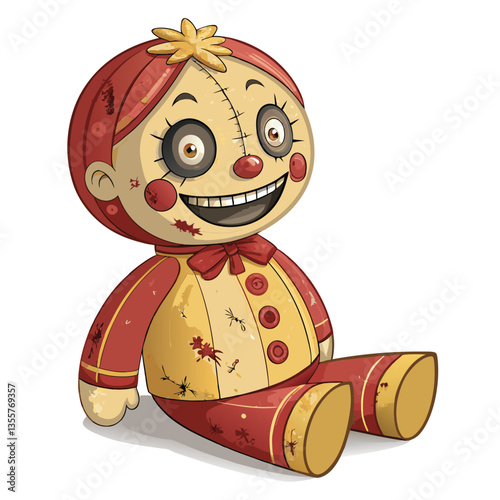 Create a vector illustration of a decayed carnival doll;  worn fabric, peeling paint,  sad expression, tattered clothing.