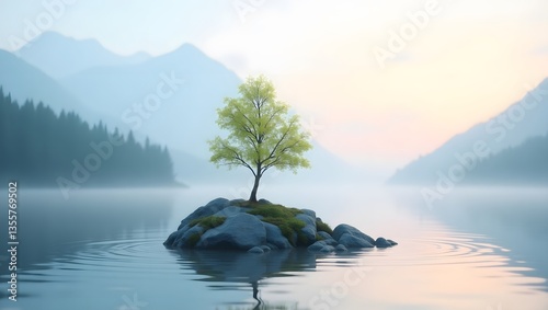 Serene Lake  Single Tree on Rocky Island  Misty Mountain Landscape