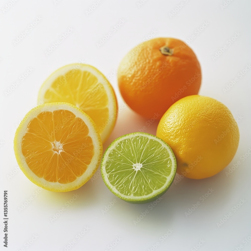 Citrus Fruit Assortment on White Lemon, Lime, Orange. Vibrant, Fresh Fruits. Healthy Food. Bright, Clean Background Citrus Fruit Assortment on White Lemon, Lime, Orange. Vibrant, Fresh Fruits. Healthy Food. Bright, Clean Background