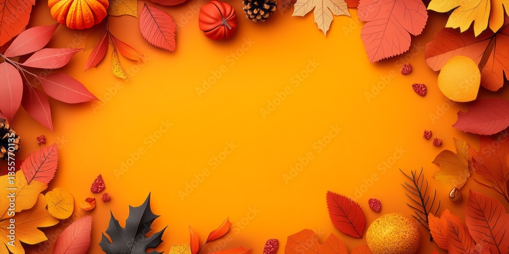 Fototapeta premium Autumnal border arrangement featuring leaves pumpkins and pine cones