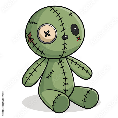 Design a vector illustration of a creepy, decaying zombie doll with tattered, rotting fabric and exposed stitching.  Show detail in the decaying texture.
