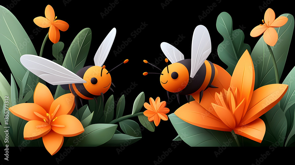 Obraz premium Two Cute Cartoon Bees Hovering Over Orange Flowers